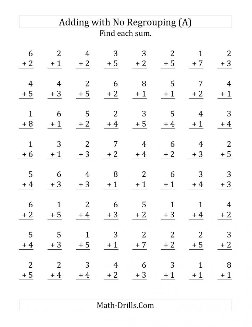 64 Single Digit Addition Questions With No Regrouping A Basic
