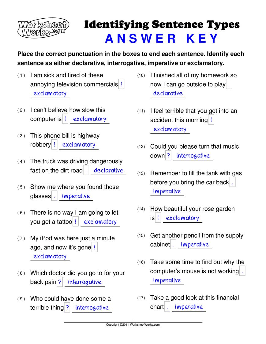 Identifying Sentence Types Worksheet