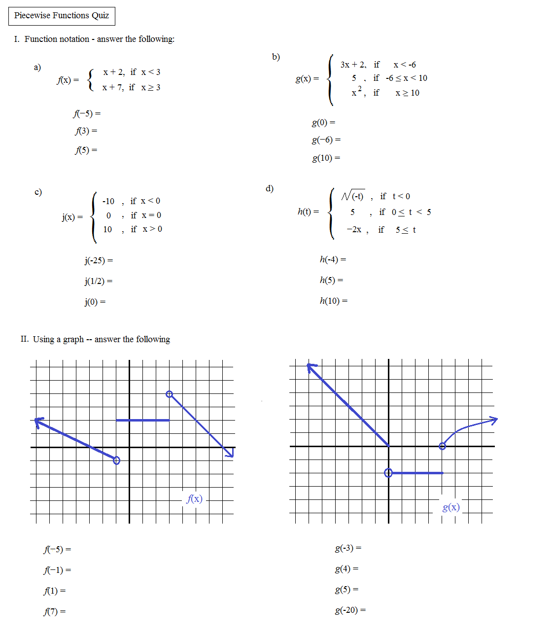Free algebra 2 worksheets-piecewise functions