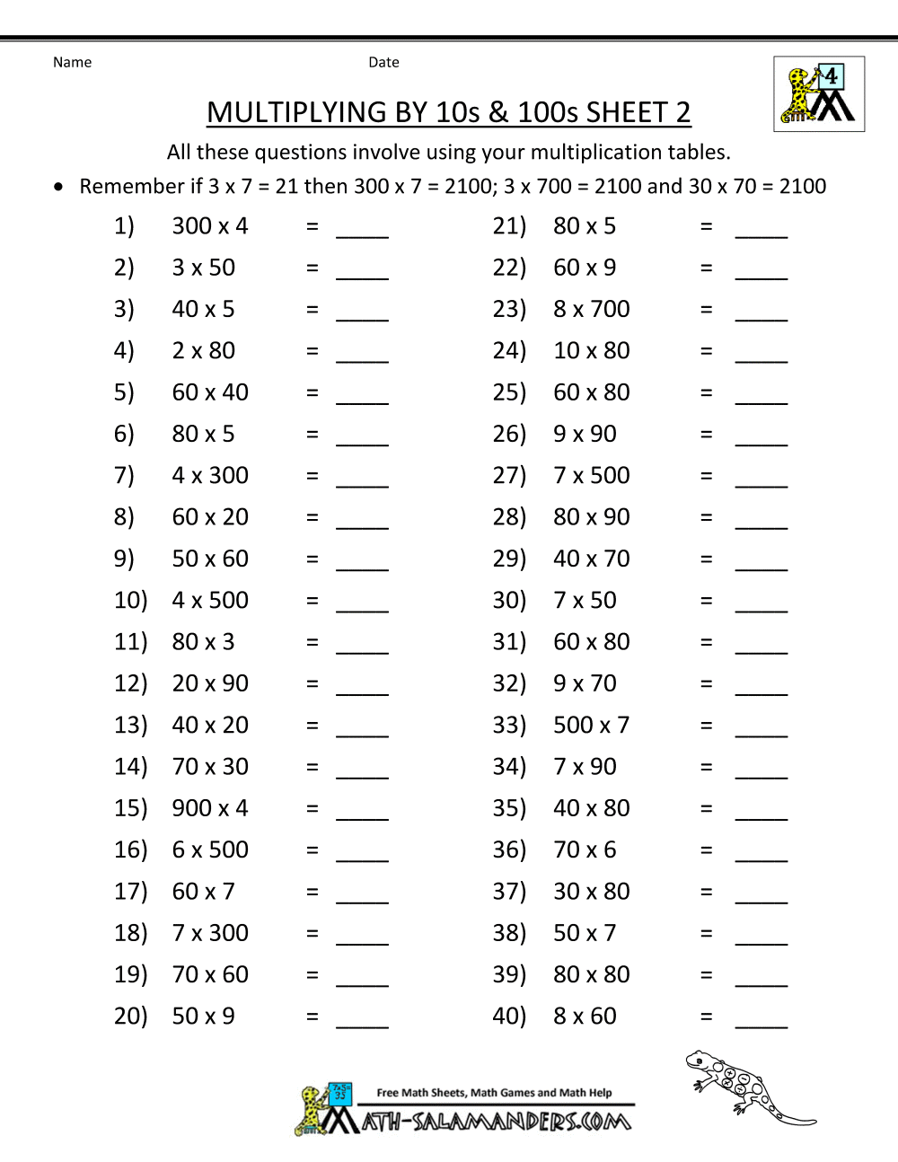 Multiplication Worksheets Multiples Of Ten