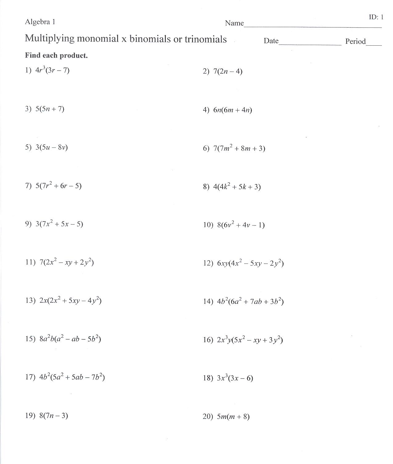 Monomial Multiplication Worksheet