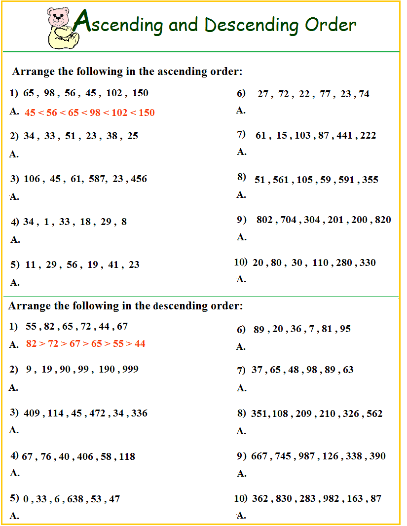 Ascending And Descending Order Worksheets For Grade 3