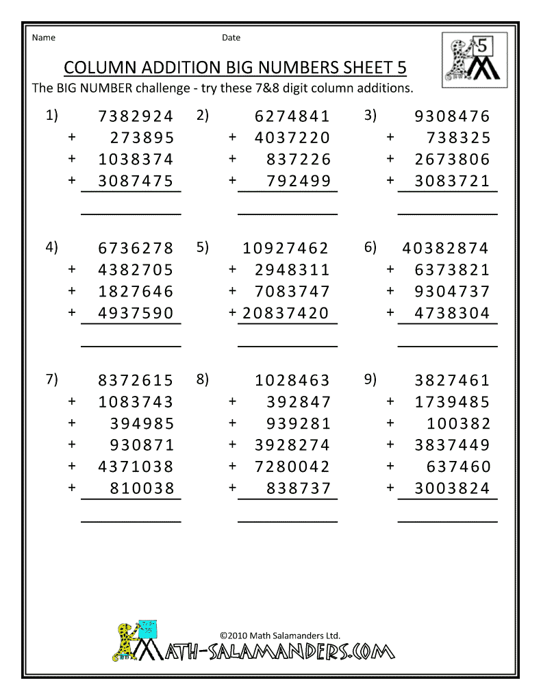 Addition Worksheets Hard