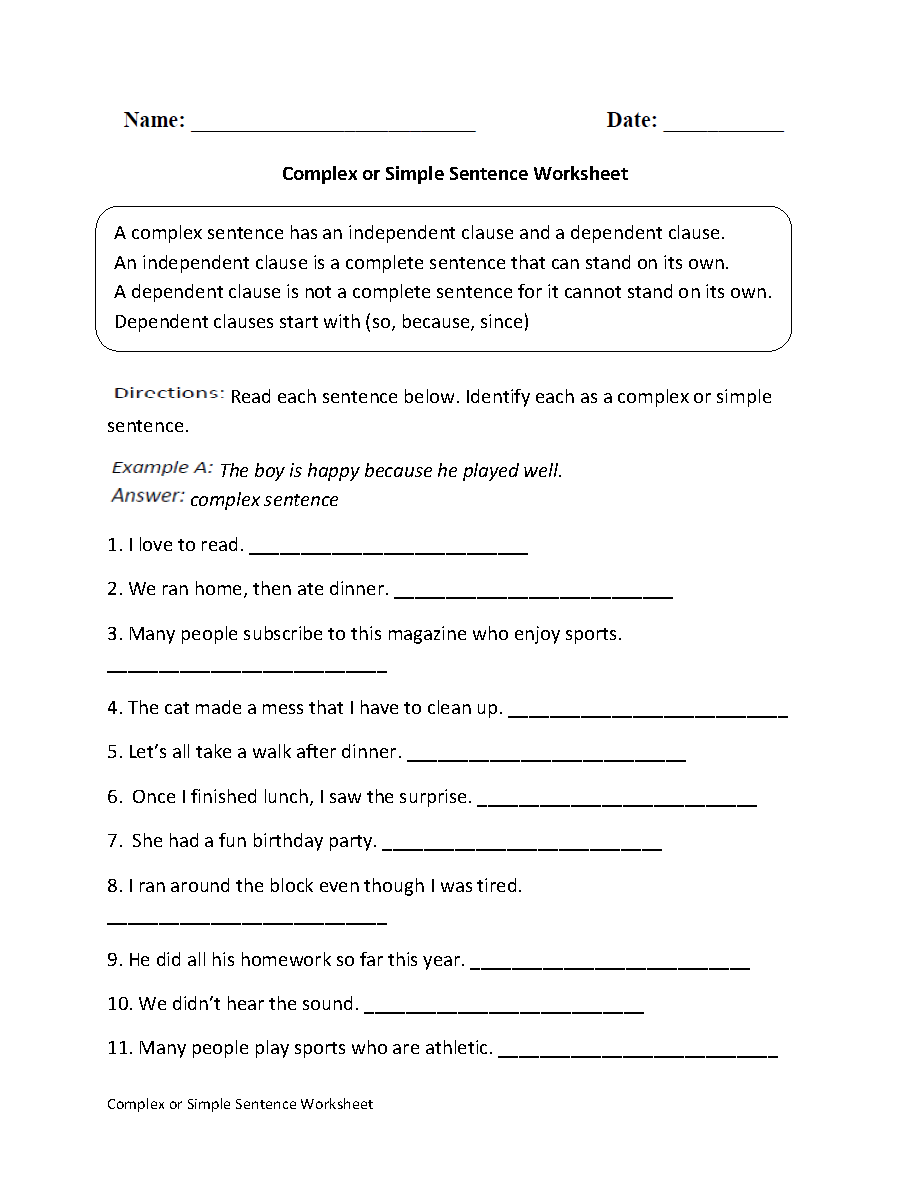 Complex Or Simple Sentence Worksheet