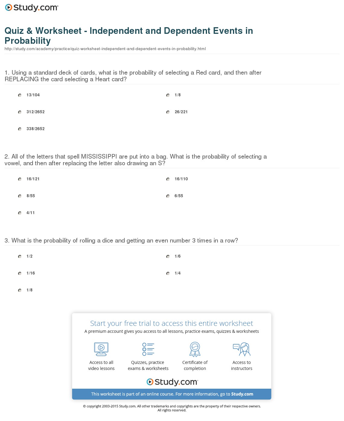 Probability Independent And Dependent Events Worksheet Photos