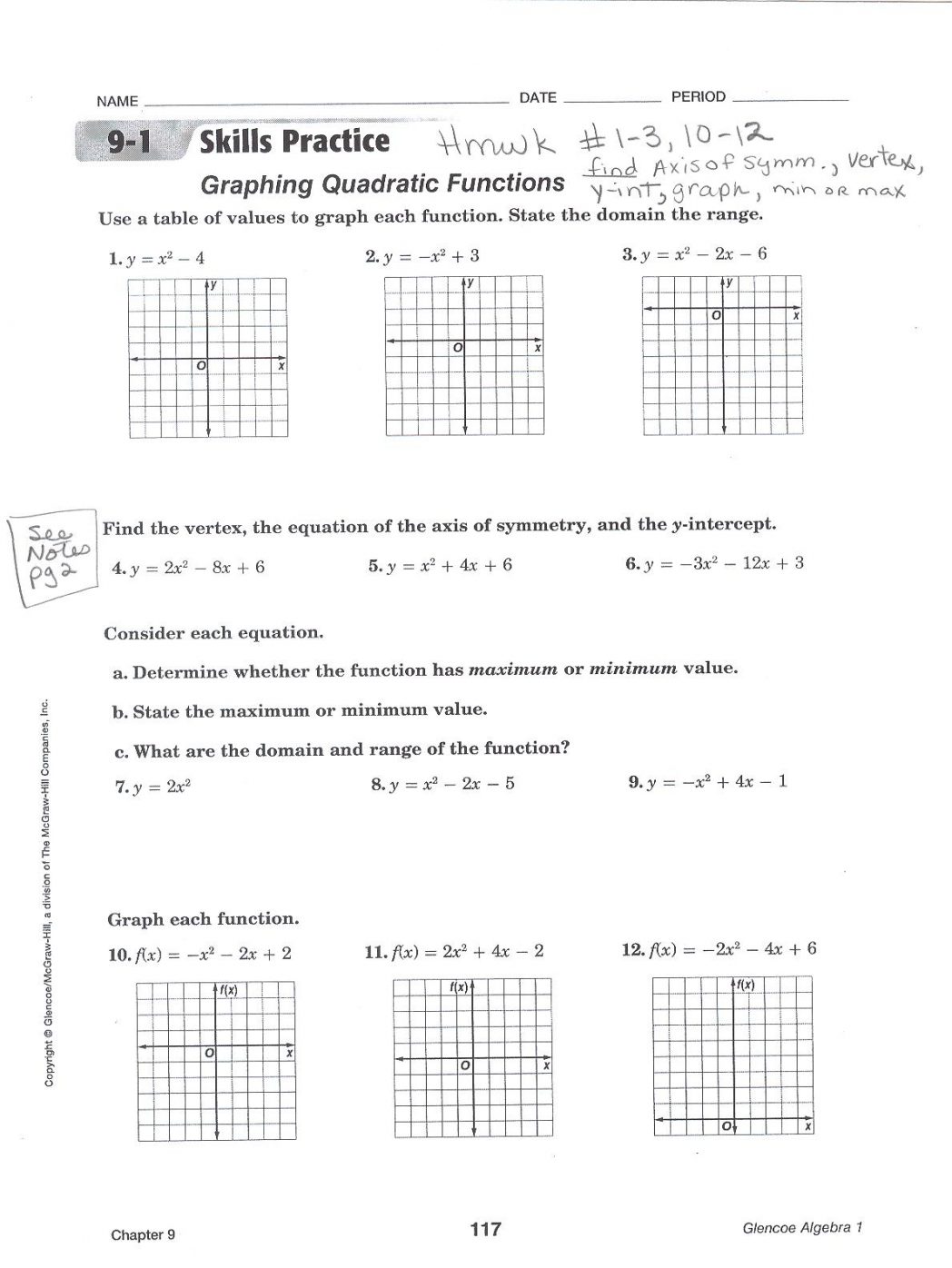Graphing Quadratic Functions Worksheet Worksheets For All