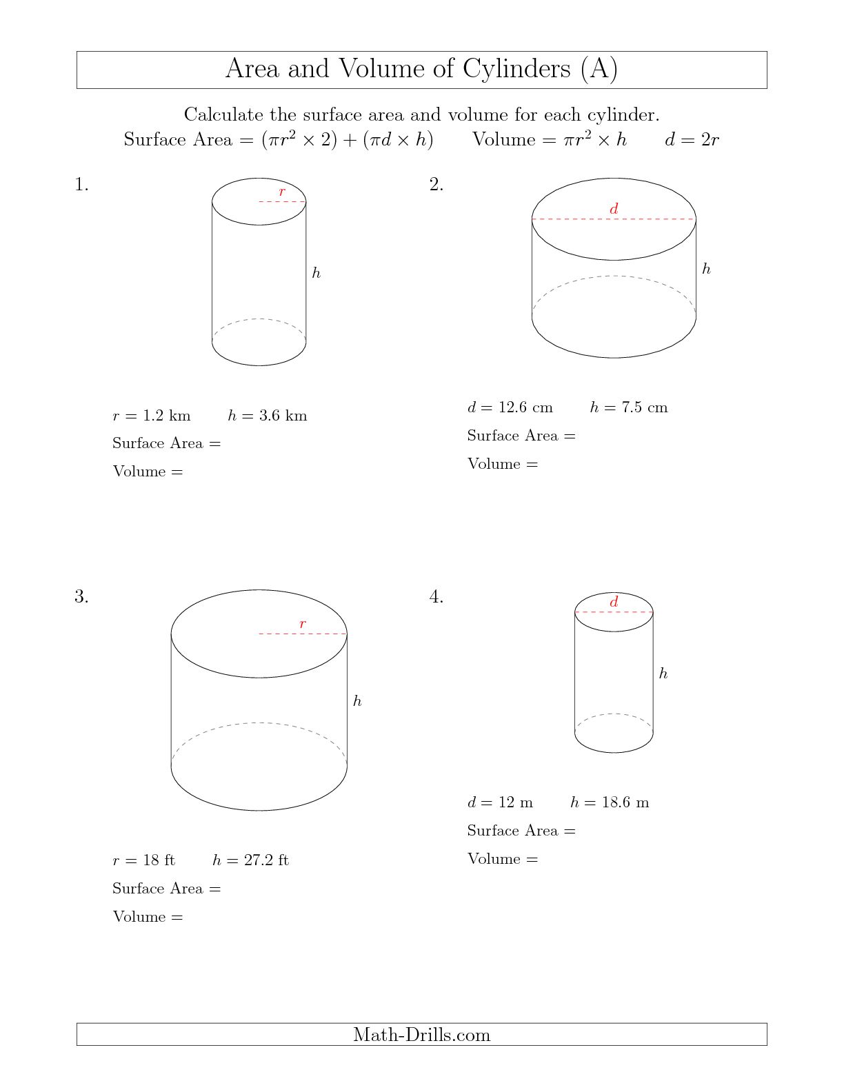 Cylinder Surface Area Worksheets