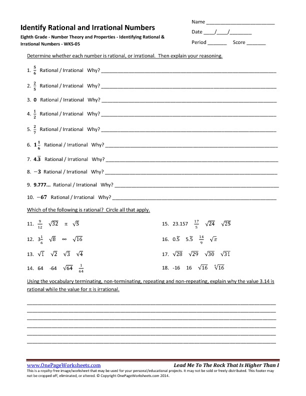 Multiplying Irrational Numbers Worksheet