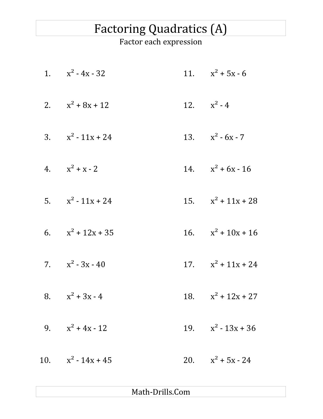 Collection Of Factoring Quadratic Equations Worksheet Easy