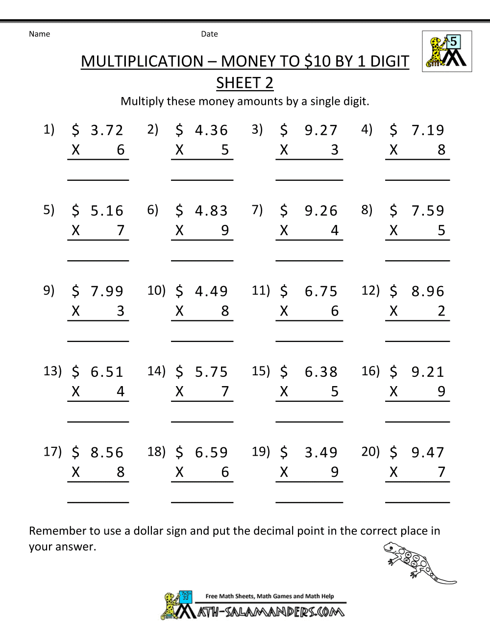 Collection Of Multiplication Worksheets Using Money
