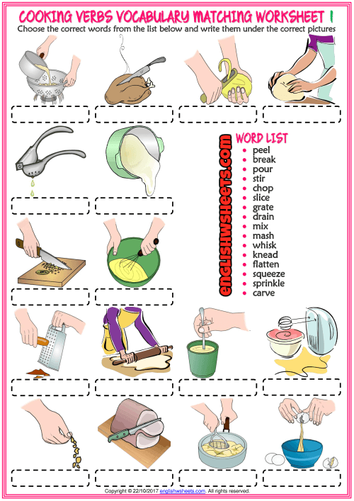 Cooking Verbs Vocabulary Matching Exercise Worksheets