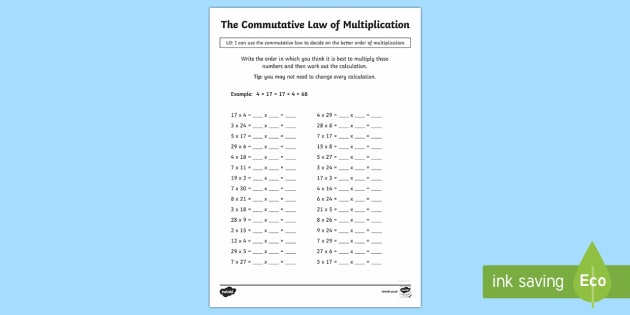 The Commutative Law (multiplication) Worksheet   Worksheets