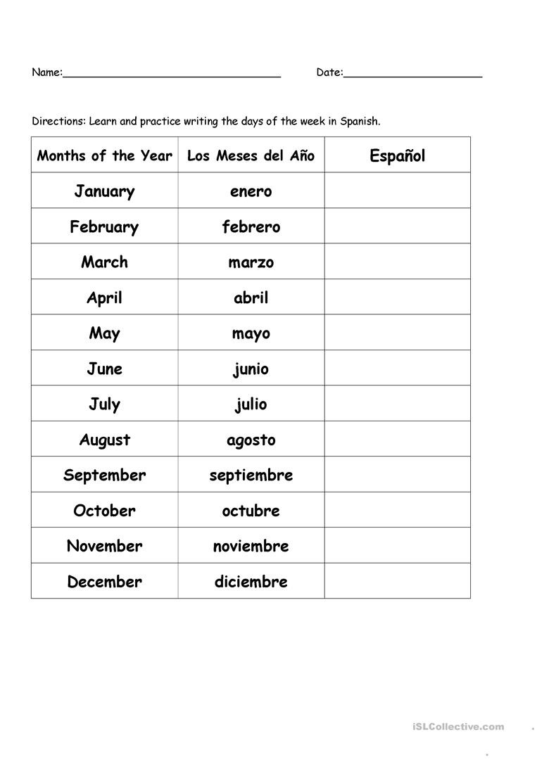 2 Free Esl Los Meses Del AÃ±o Worksheets