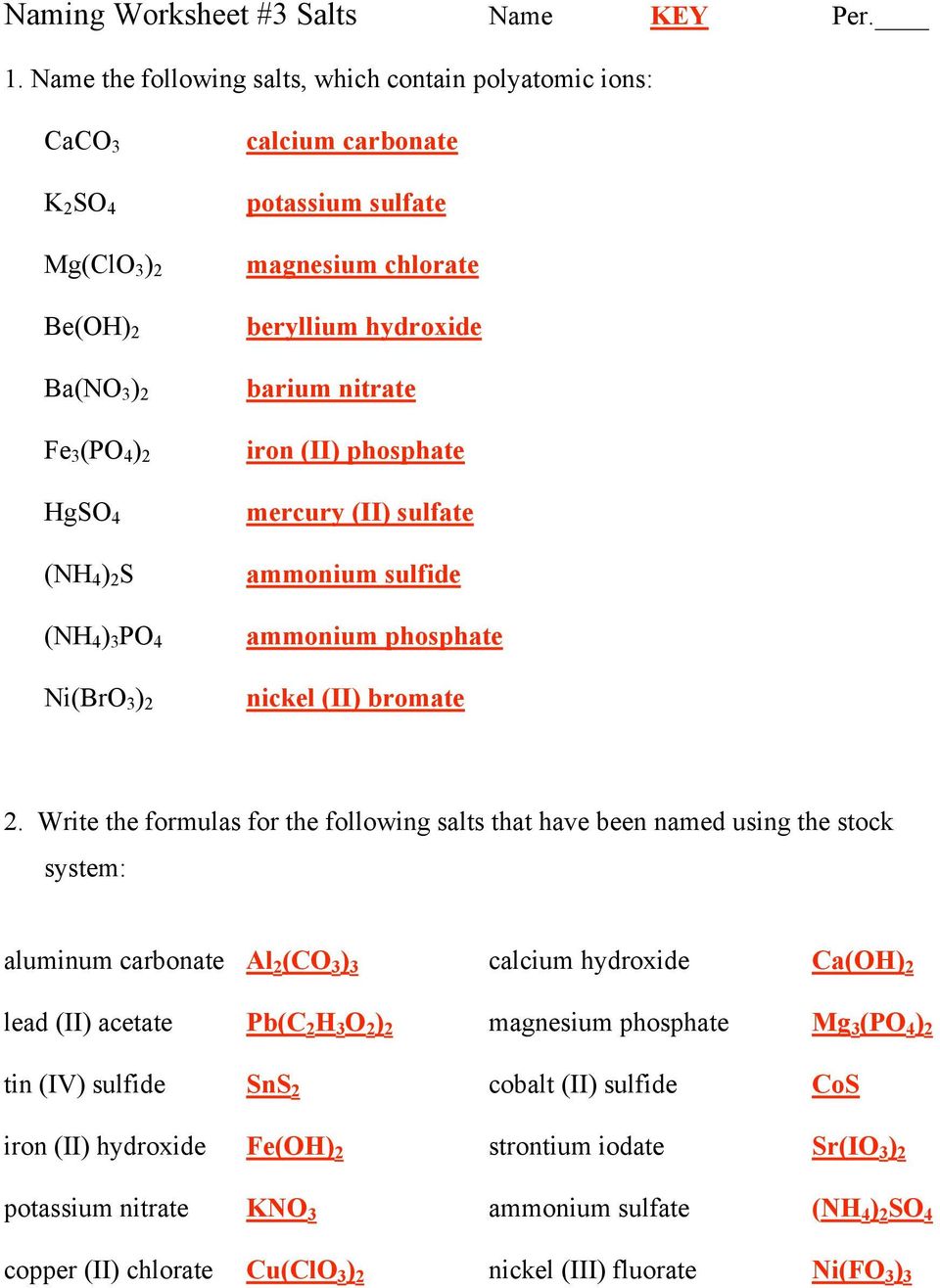 Chemistry Ionic Compounds Polyatomic Ions Worksheet Answers Free
