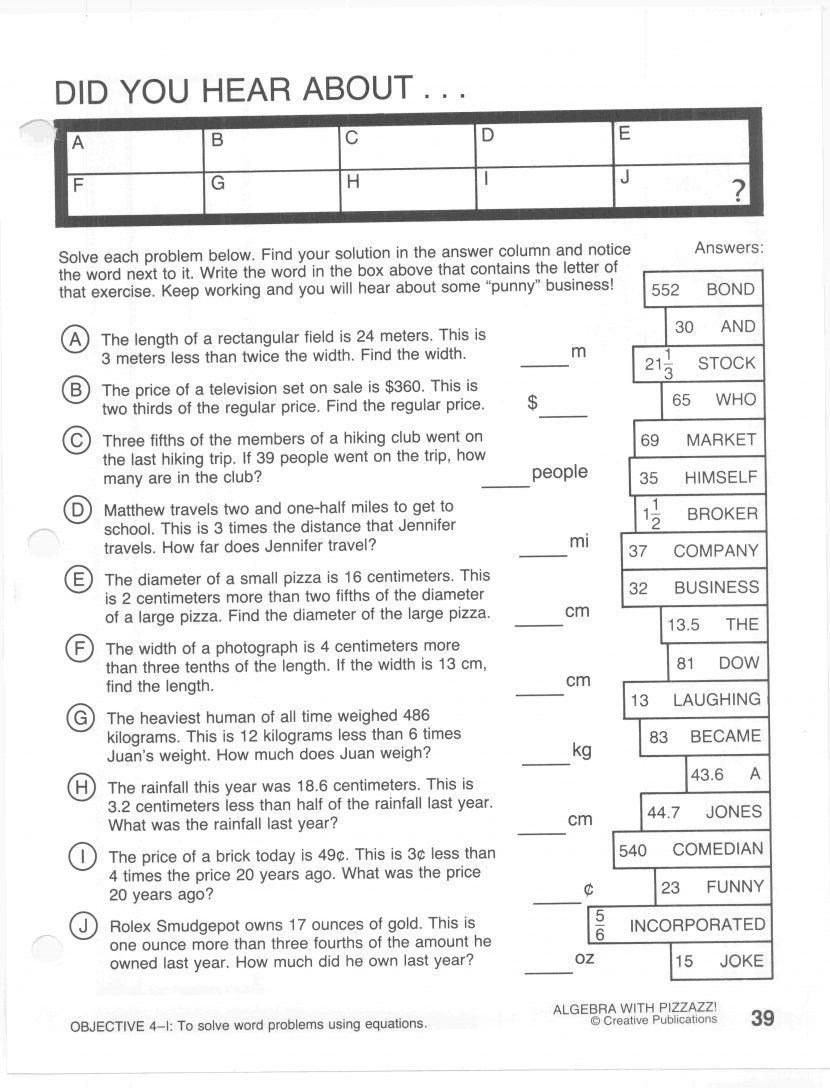 Creative Publications Math Worksheets Answers Pizzazz Book C