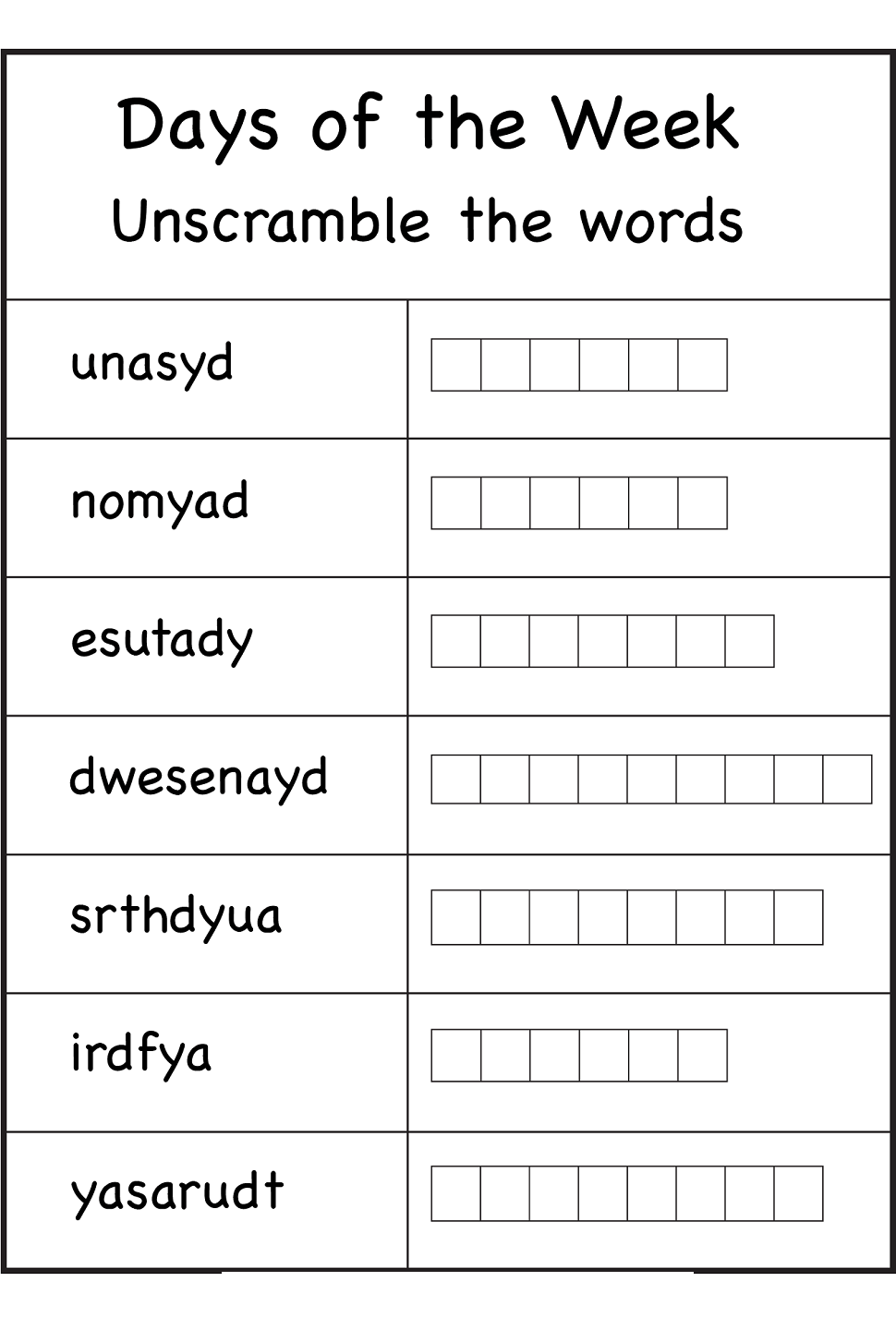 Days Of The Week Worksheets