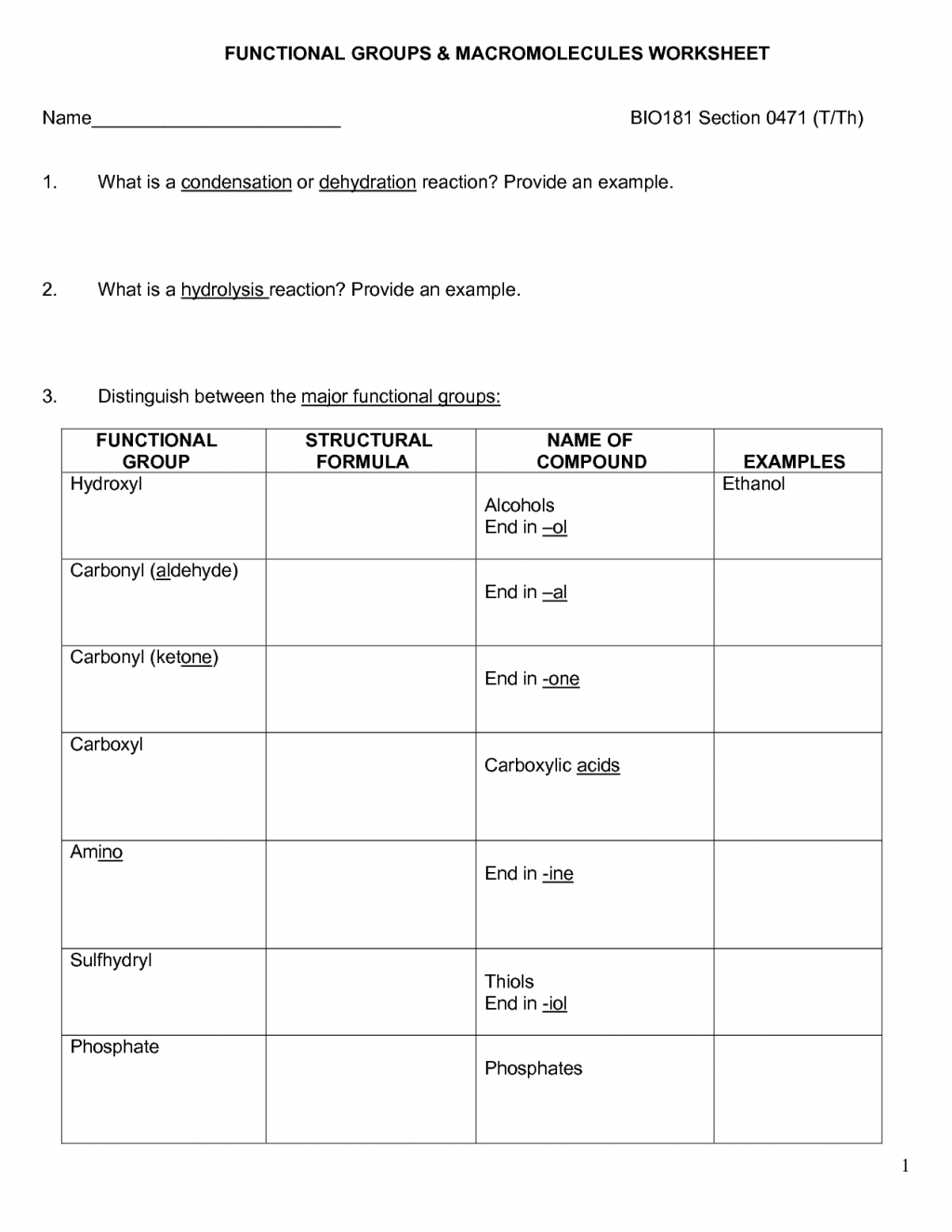 Functional Groups Macromolecules Worksheet   6 Organic