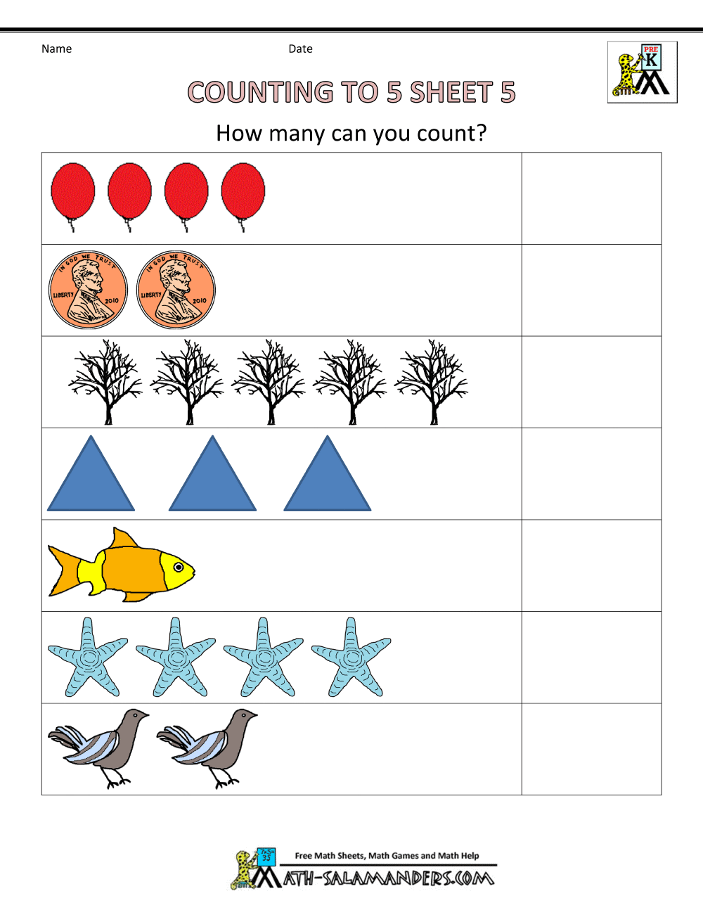 Math Worksheets Preschool Counting To 5 5