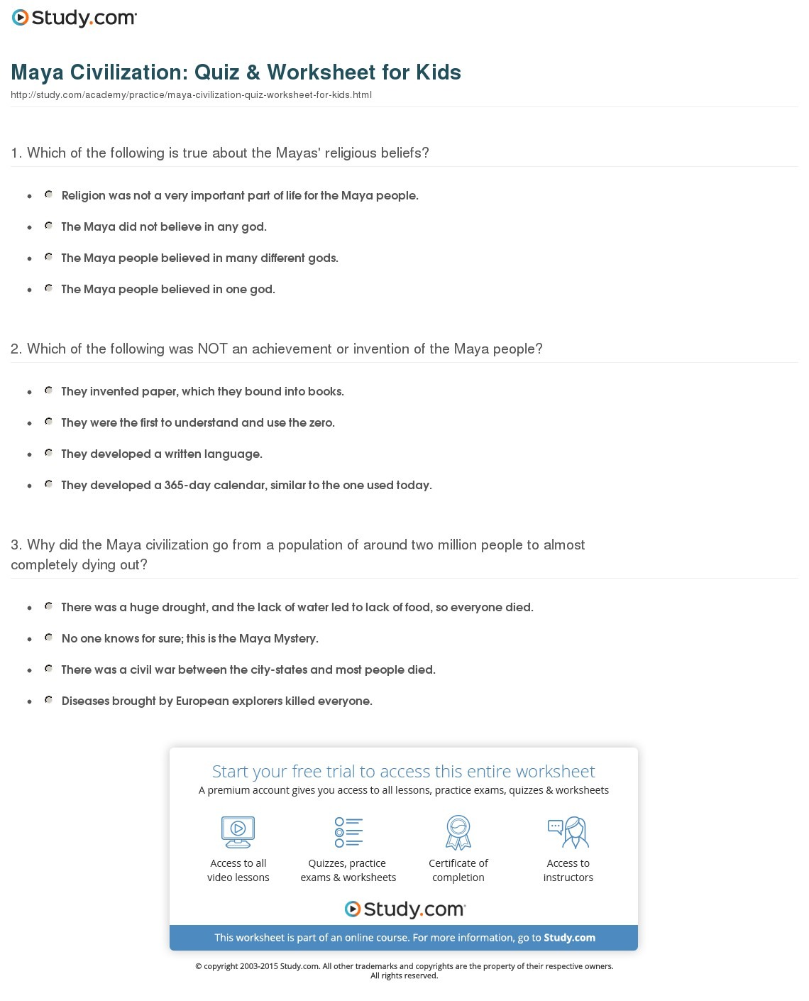 Maya Civilization  Quiz & Worksheet For Kids