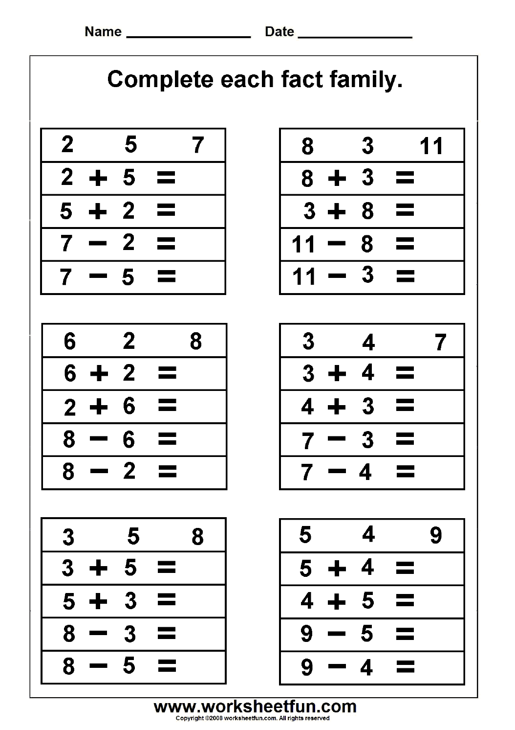 fact families worksheets 3rd grade