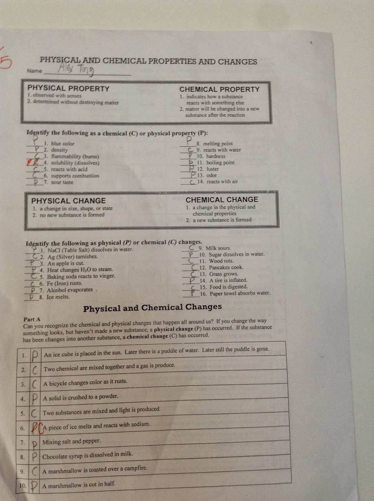 Physical Chemical Properties Changes Worksheet Free Worksheets