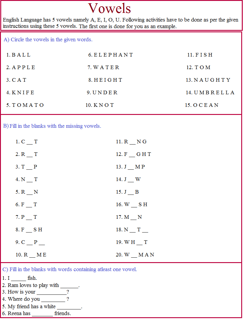 Practise Sheet On Vowels