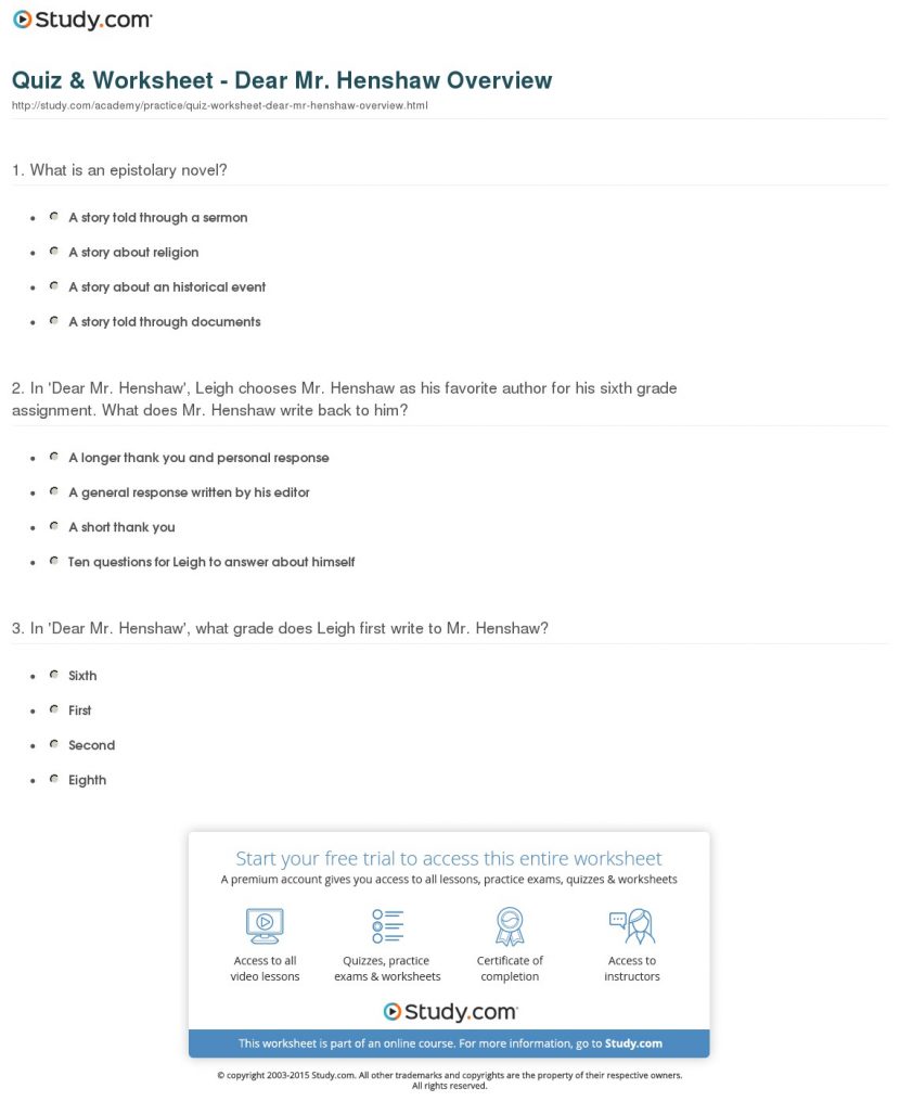 Quiz Worksheet Dear Mr Henshaw Overview Stud