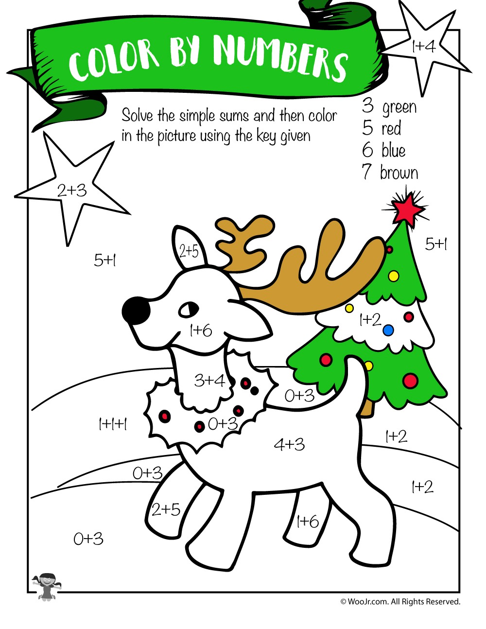 Reindeer Math Addition Coloring Worksheet