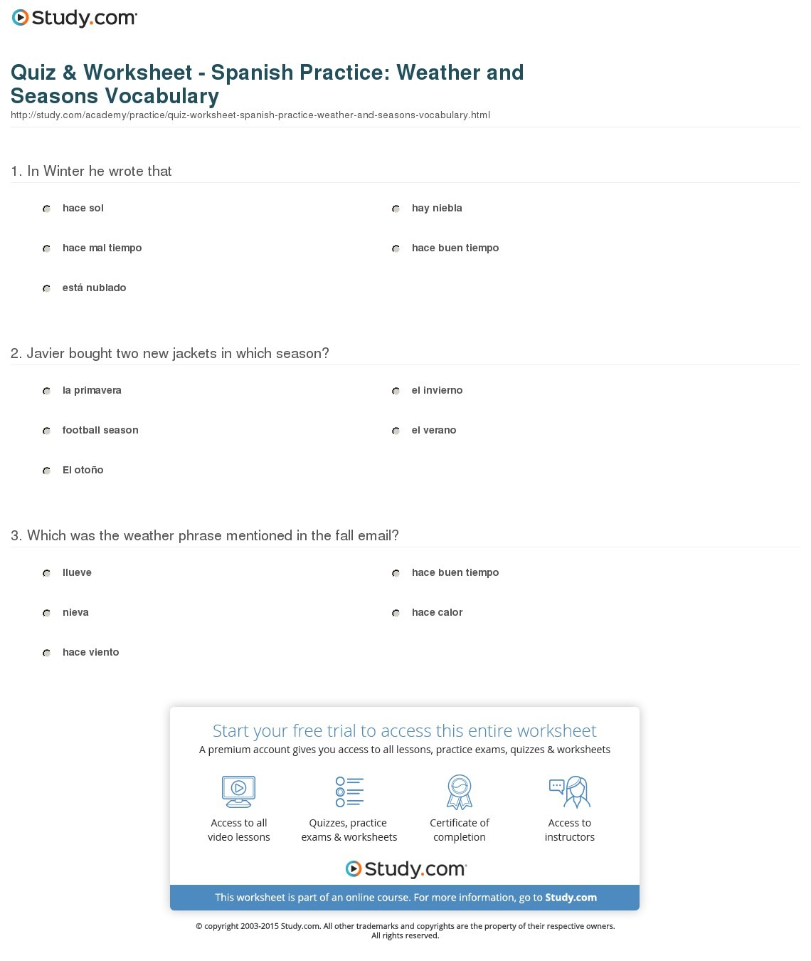 Spanish Seasons Worksheet Free Worksheets Library
