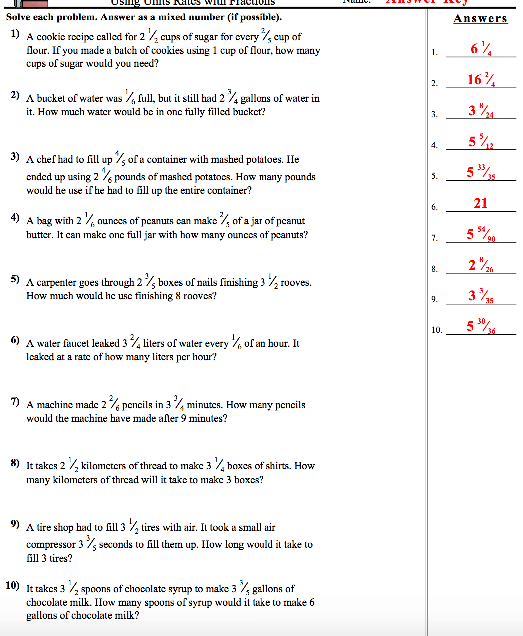 Unit Rates With Fractions Worksheet Answers