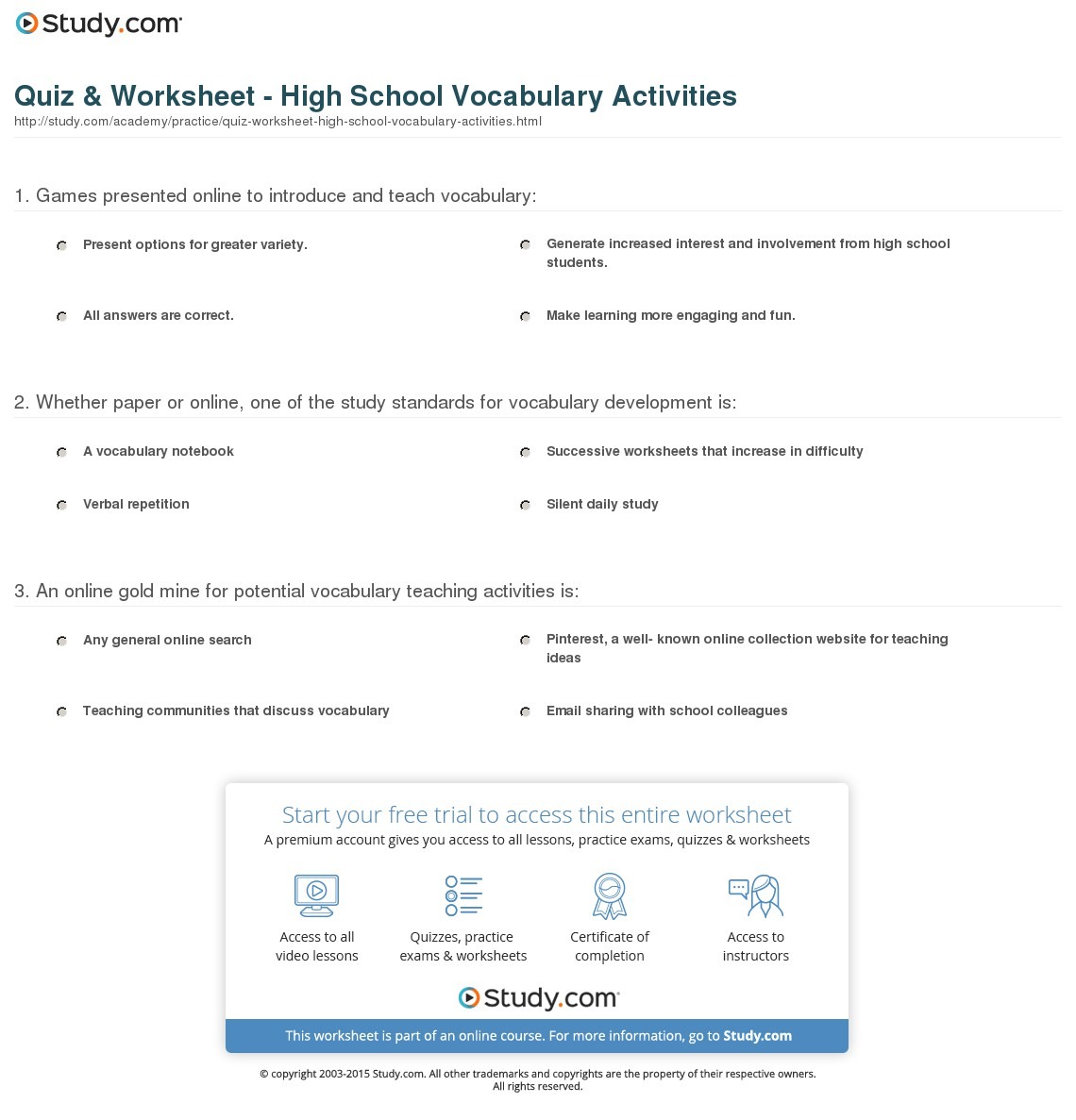 Vocabulary Worksheets For High School Free Worksheets Library