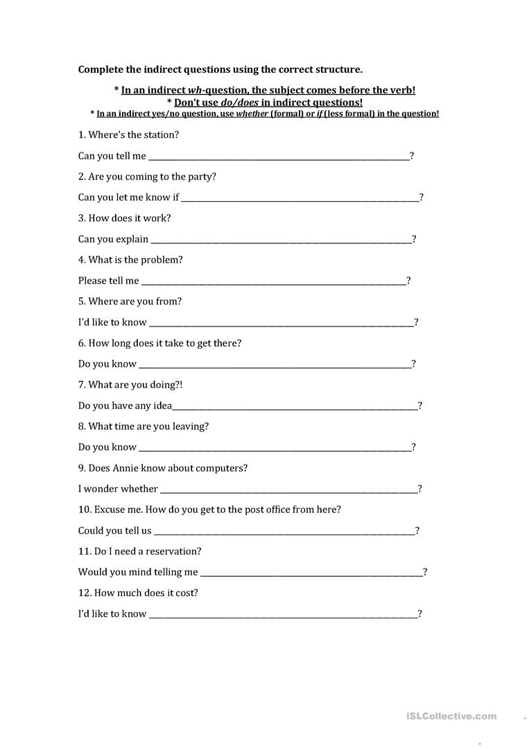 19 Free Esl Indirect Questions Worksheets