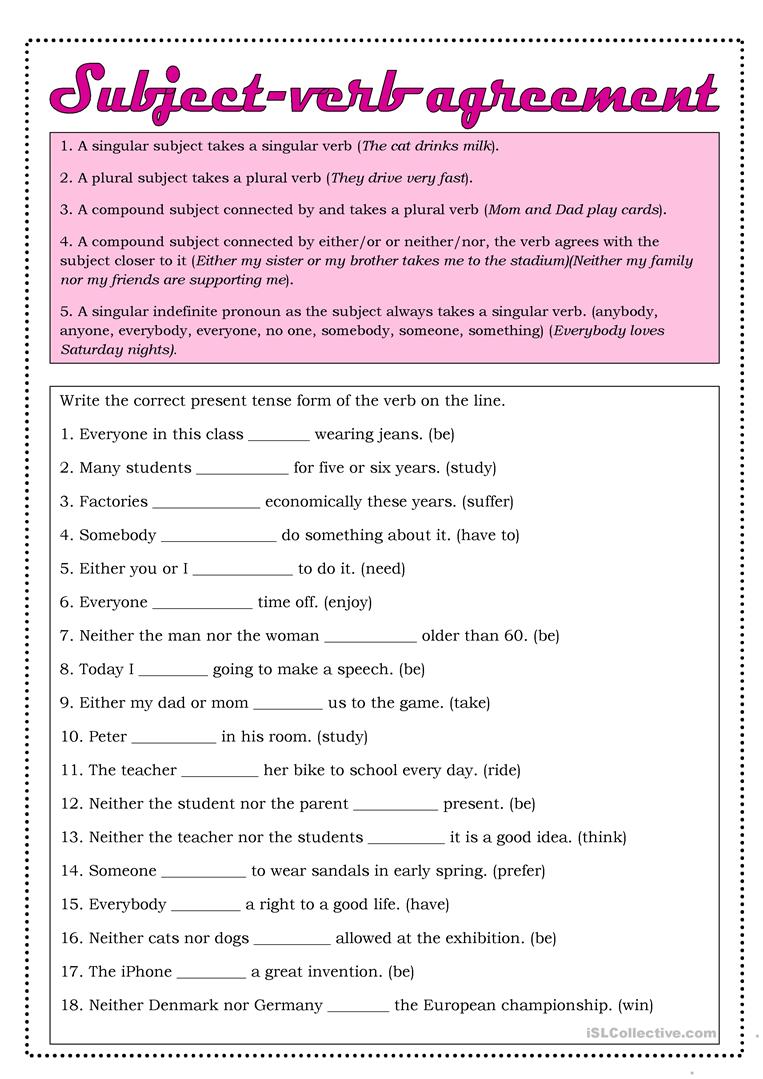 20 Free Esl Subject Verb Agreement Worksheets