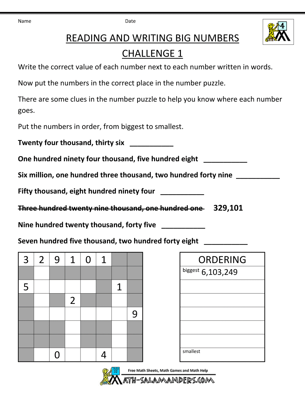 4th Grade Math Worksheets  Reading, Writing And Rounding Big Numbers