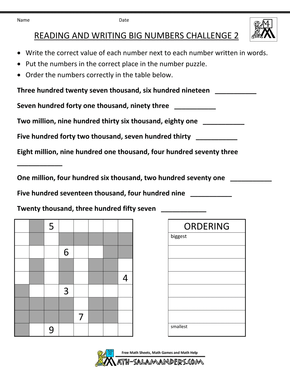 4th Grade Math Worksheets Reading Writing Big Numbers 2