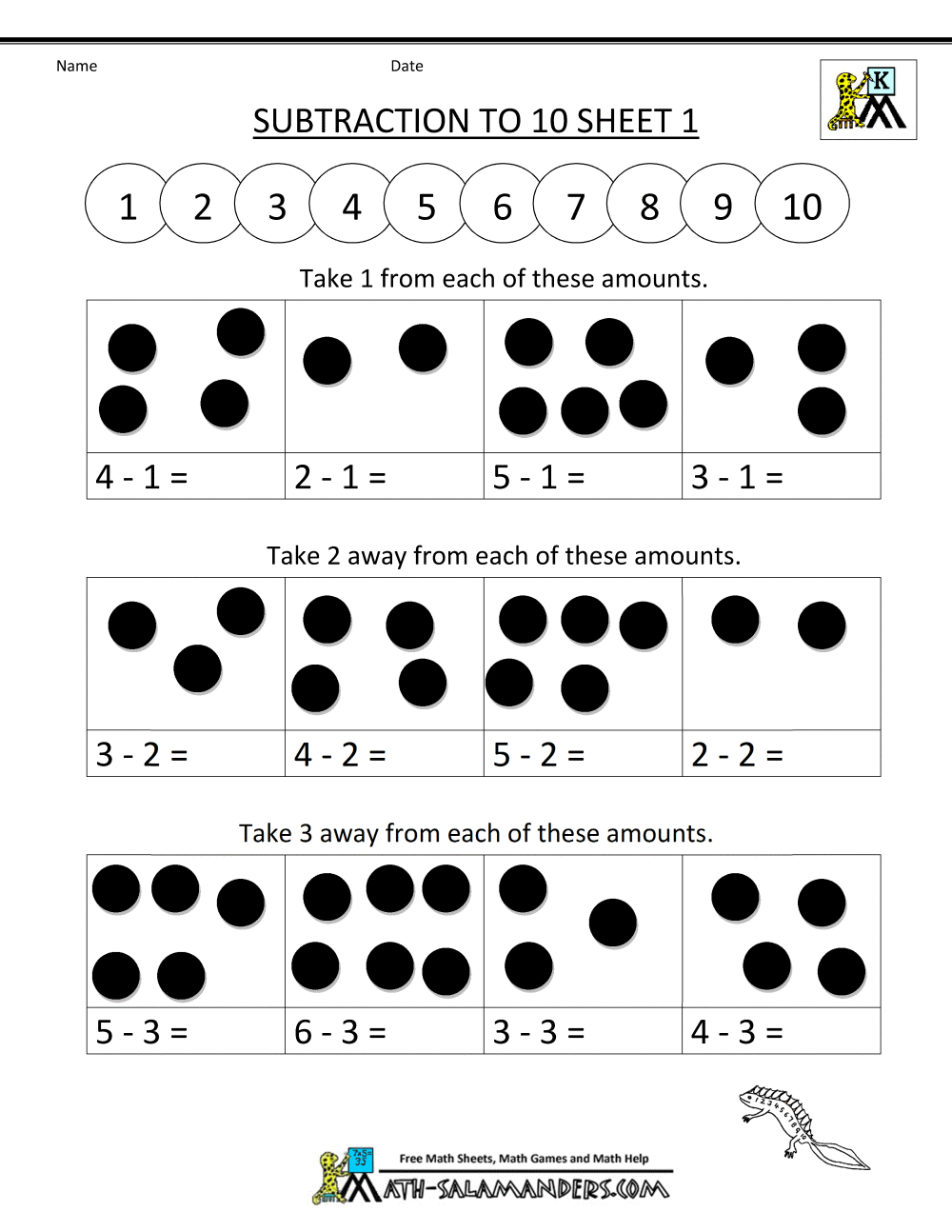 Addition And Subtraction Worksheets Subtraction To 10 1   Kelpies