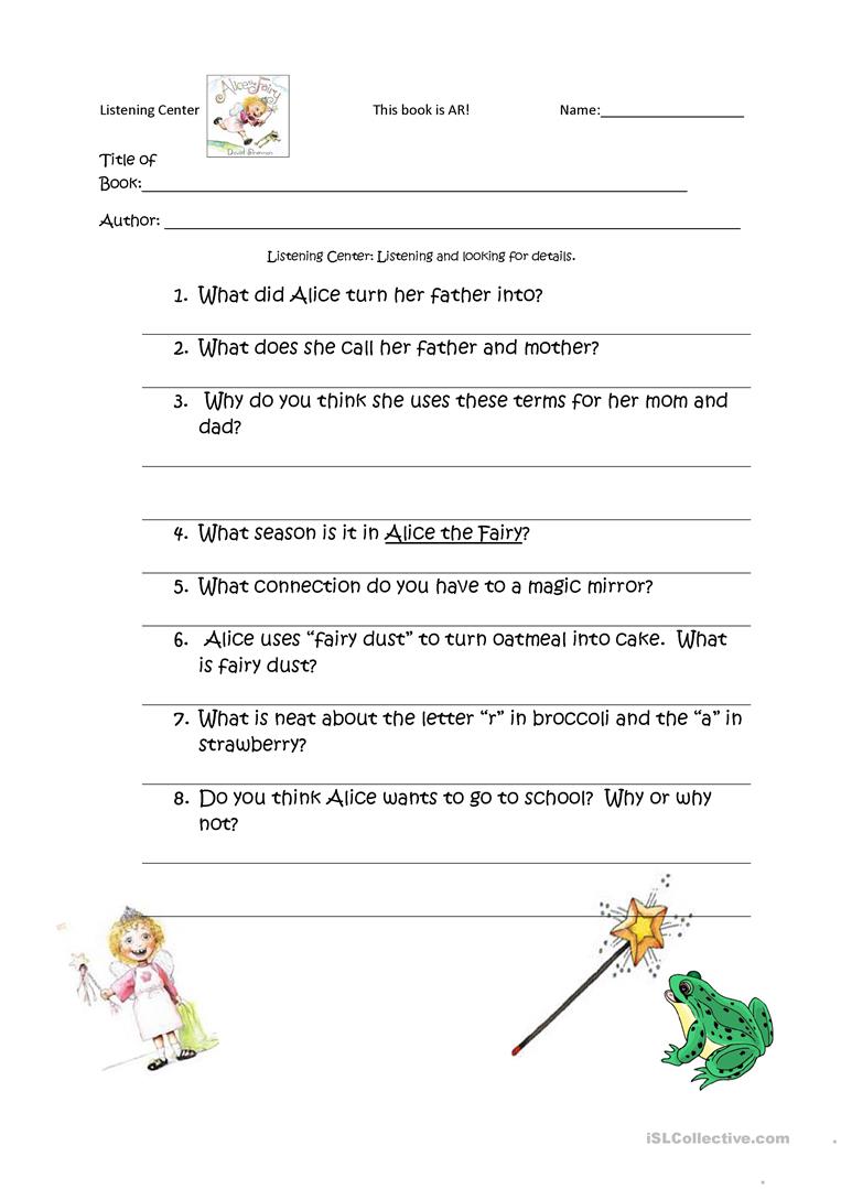 Alice The Fairy Listening Center Comprehension Worksheet