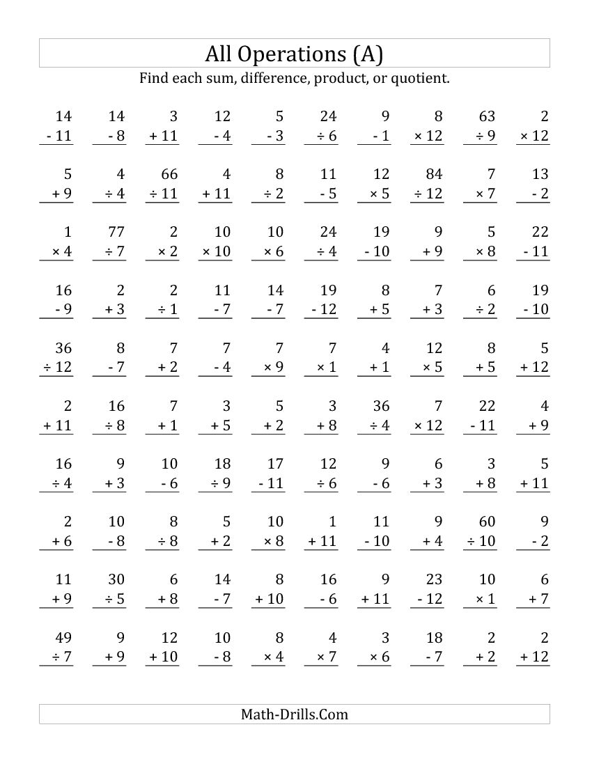 All Operations With Facts From 1 To 12 Math Worksheets Samples