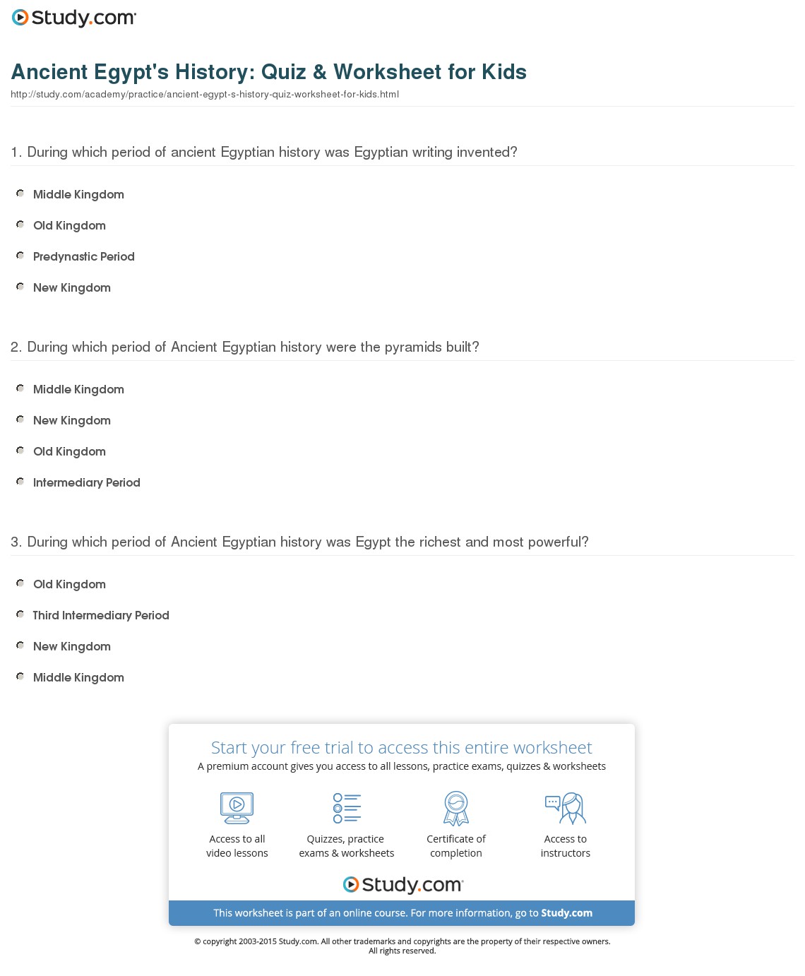 Ancient Egypt's History  Quiz & Worksheet For Kids