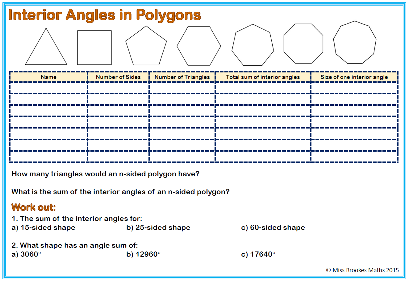 Angles And Polygons Miss Brookes Maths Ks3 Worksheets Algebra