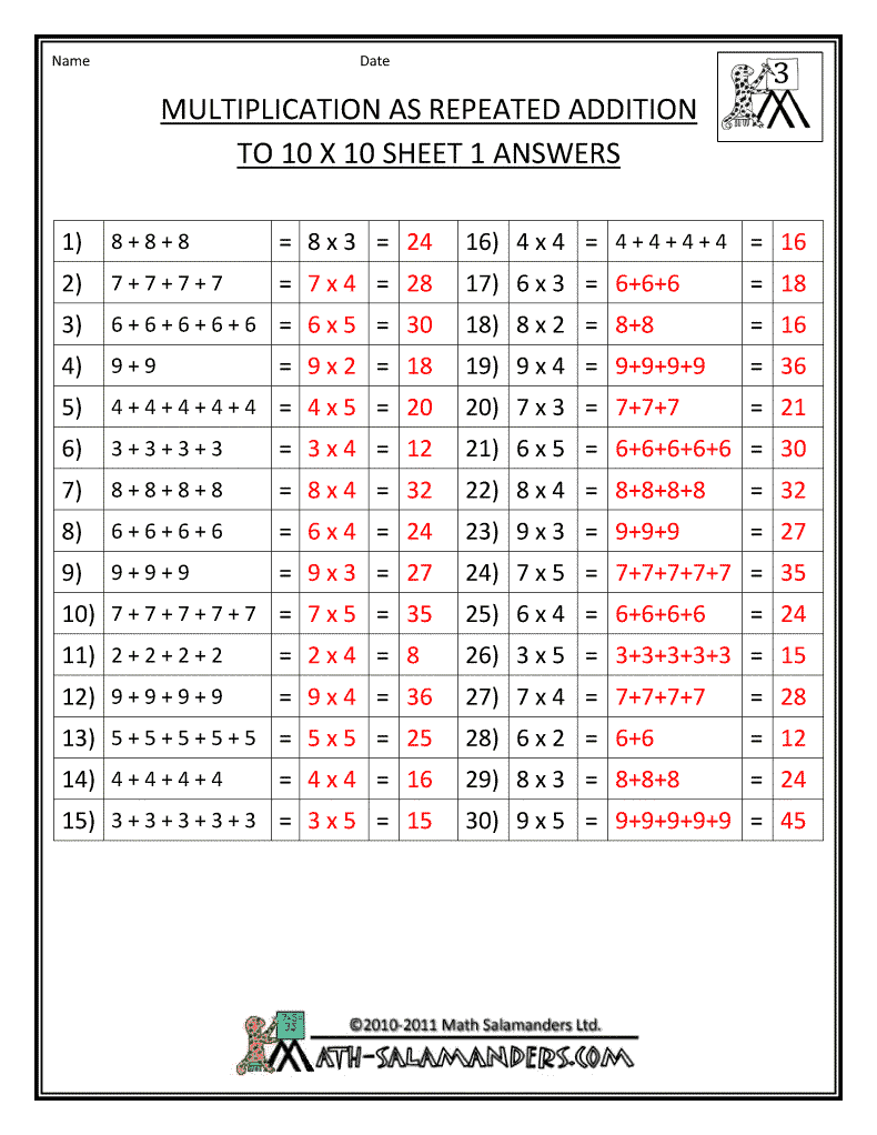 Answer Key For Multiplication As Repeated Addition Worksheet