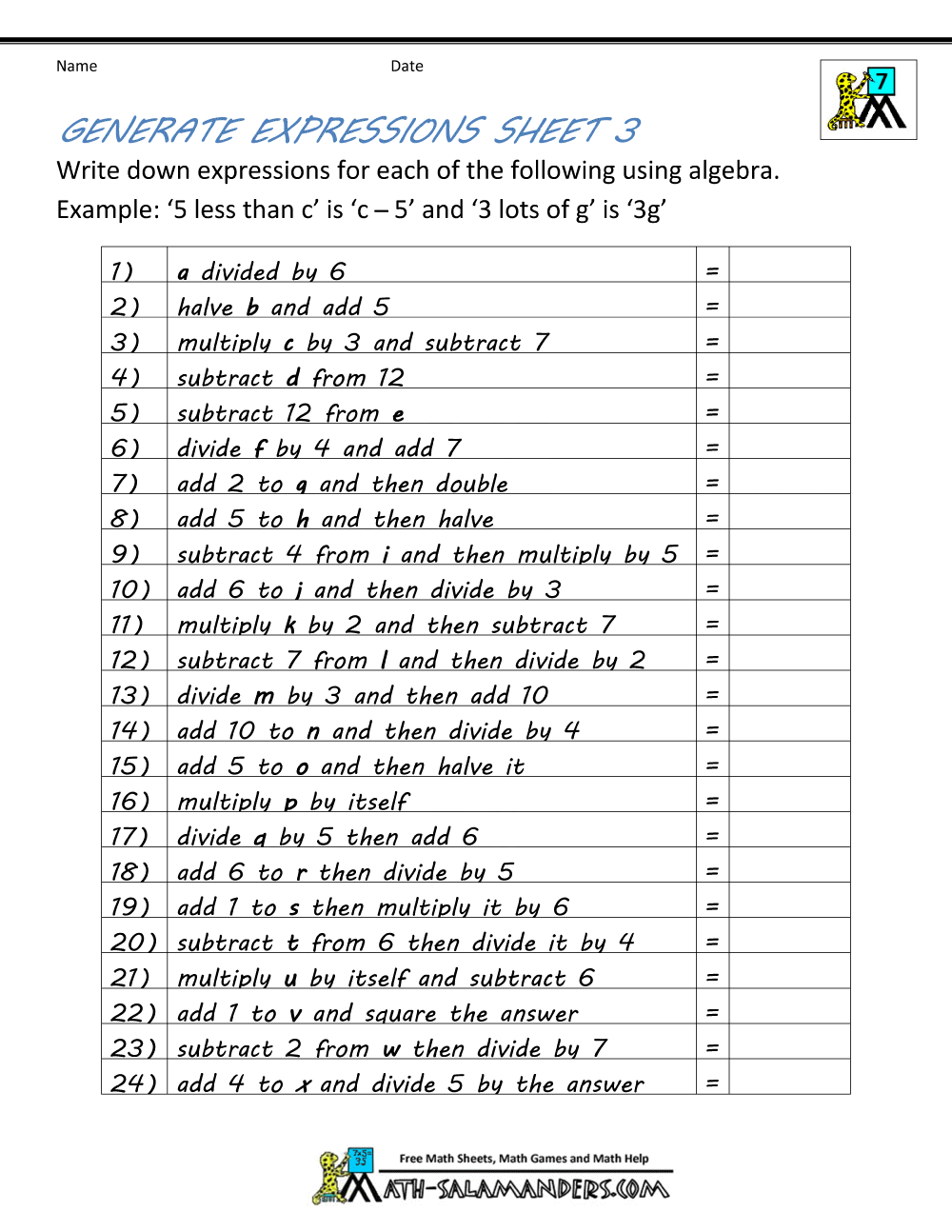 Basic Algebra Worksheets