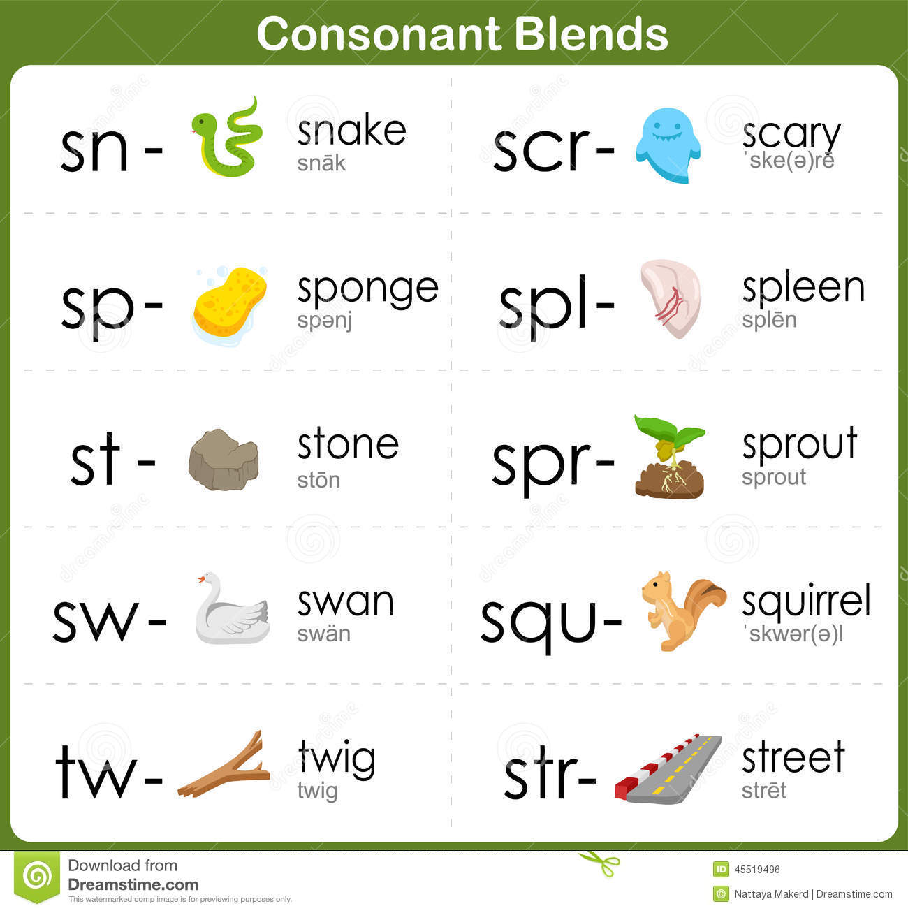 Consonant Blends Worksheet For Kids Stock Vector