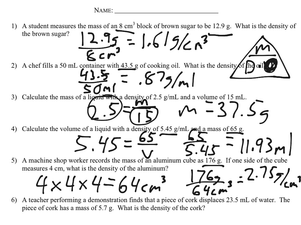 Density Calculations Worksheet