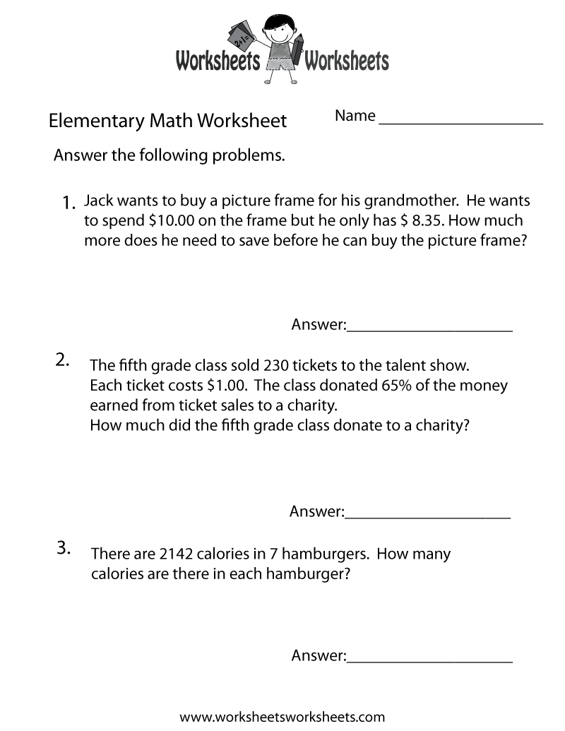 Elementary Math Word Problems Worksheet