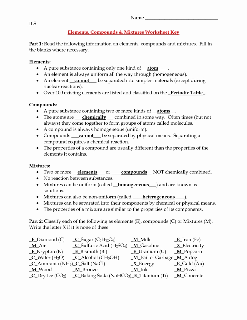 Elements Compounds Mixtures Worksheet Answers