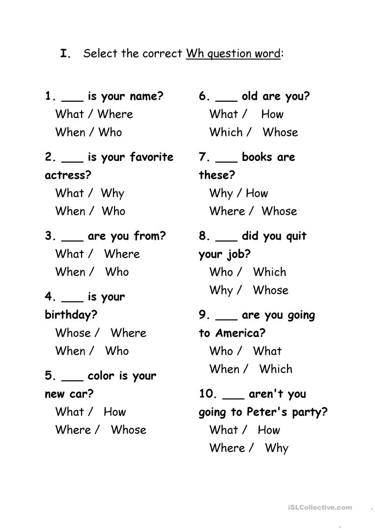 Exercises Wh Question Words Worksheet