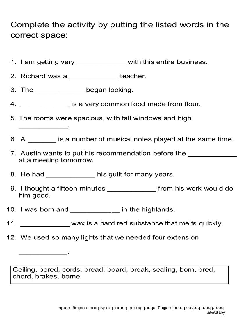 English Fill In The Blanks Worksheets