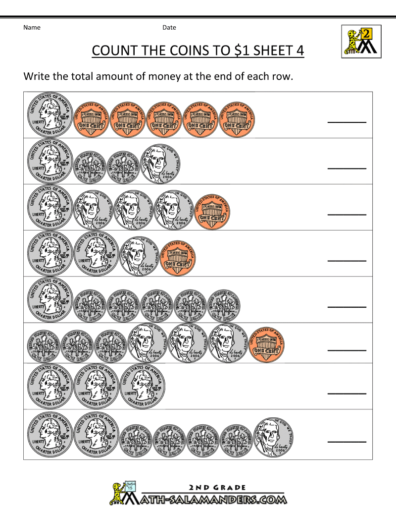 Free Counting Money Worksheets Count The Coins To 1 Dollar 4