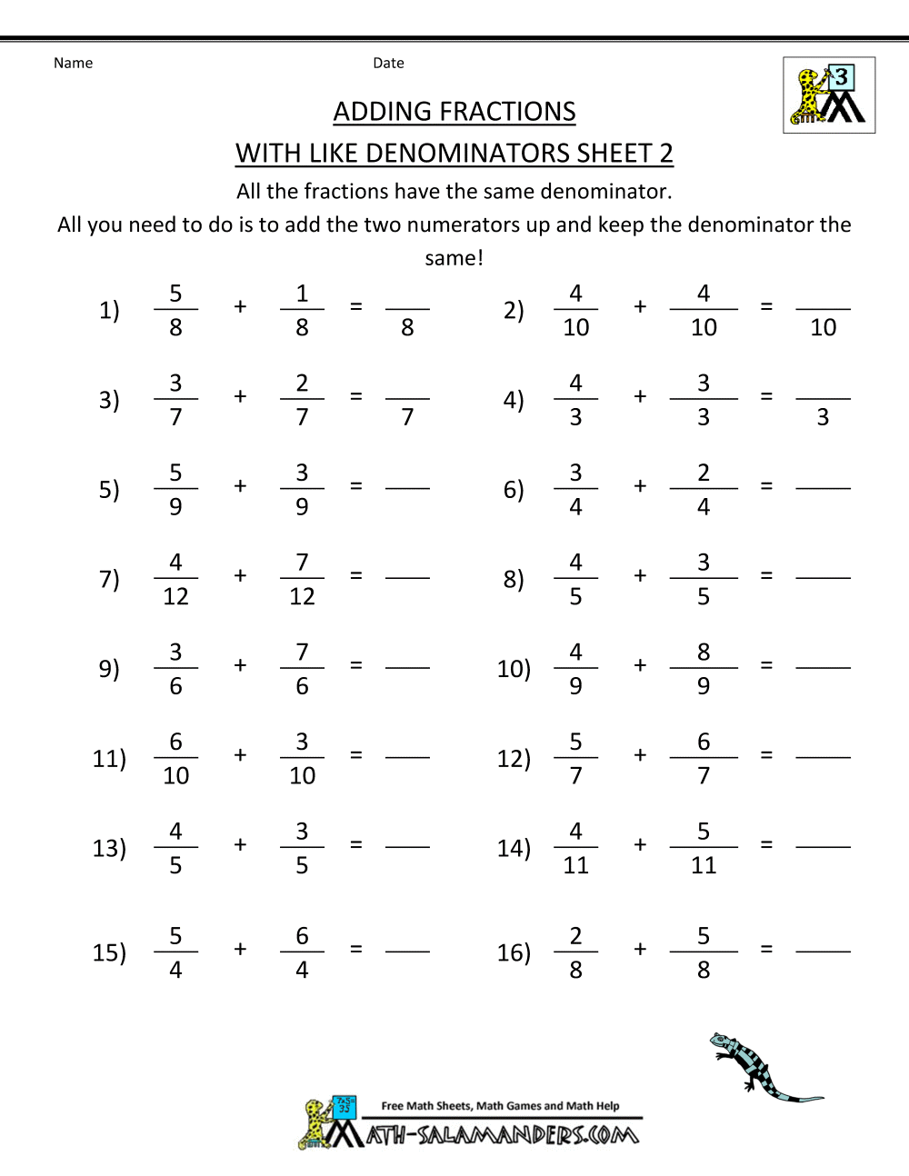 Free Fraction Worksheets Adding Subtracting Fractions